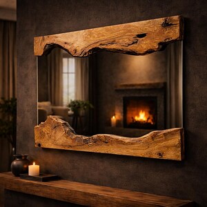 May include: A rectangular mirror with a natural wood frame. The frame has a raw, organic edge, showcasing the wood's grain and texture. The mirror reflects a room with a fireplace and candles, creating a warm, rustic aesthetic.