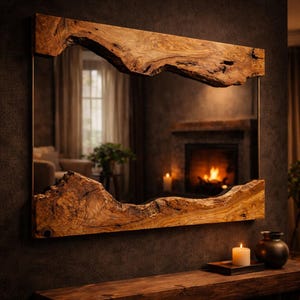 May include: A rectangular mirror with a natural wood frame. The frame has a raw, organic edge, showcasing the wood's grain and texture. The mirror reflects a room with a fireplace and a lit candle, creating a warm, rustic aesthetic.