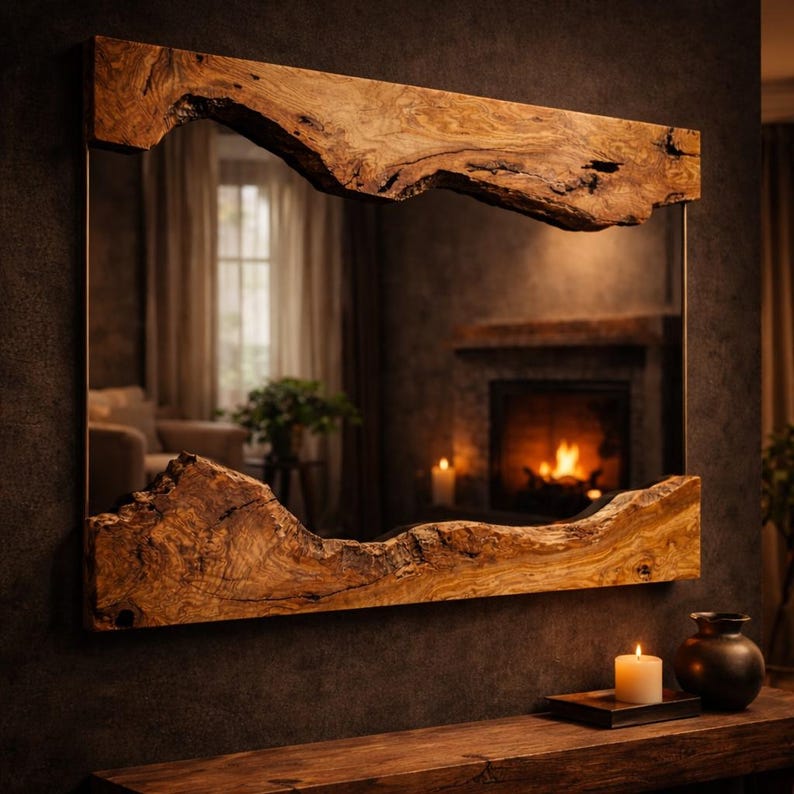 May include: A rectangular mirror with a natural wood frame. The frame has a raw, organic edge, showcasing the wood's grain and texture. The mirror reflects a room with a fireplace and a lit candle, creating a warm, rustic aesthetic.