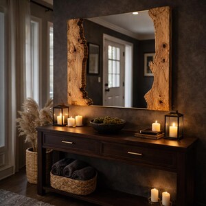 May include: A rectangular mirror with a natural wood frame, above a dark wood console table. The table features candles, a decorative bowl, and a woven basket. The mirror reflects a room with a white door and artwork.