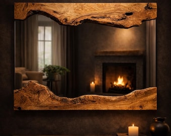 May include: A rectangular mirror with a natural wood frame. The frame has a live edge design, showing the wood's grain and texture. The mirror reflects a room with a fireplace and candles, creating a warm atmosphere. Home decor.
