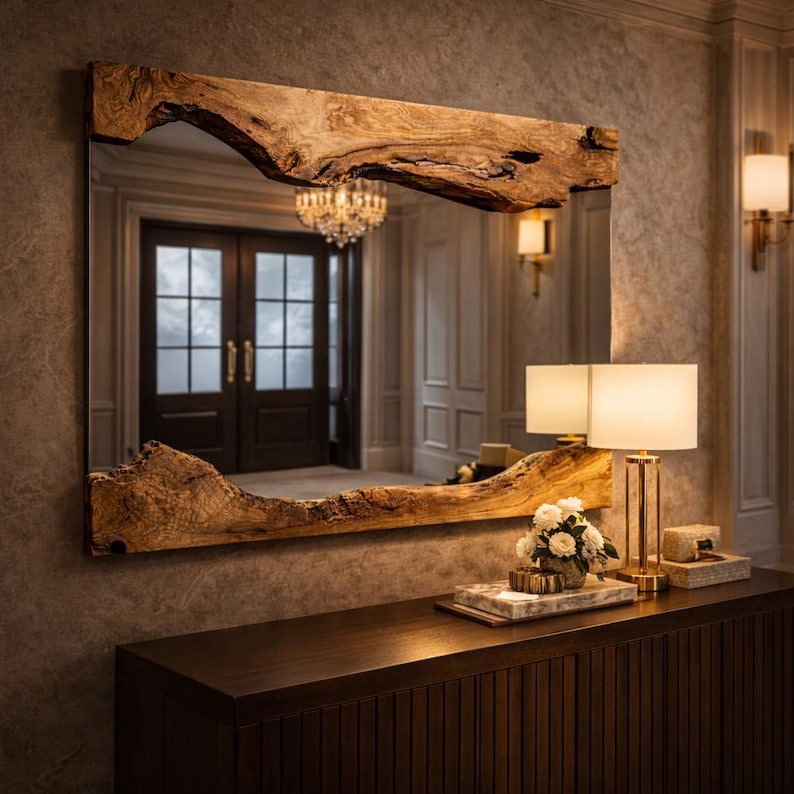 May include: A rectangular mirror with a natural wood frame. The frame has a raw, organic edge, showcasing the wood's texture and color variations. The mirror reflects a room with a chandelier and double doors, creating a warm, inviting ambiance.