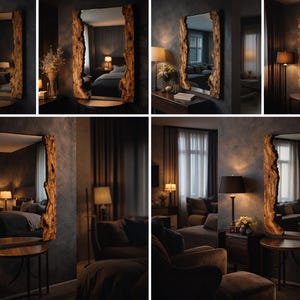 May include: A large rectangular mirror with a natural wood frame. The frame has a rough, organic edge, giving it a rustic appearance. The mirror is displayed in a dimly lit room, reflecting the interior decor. The overall theme is home decor.