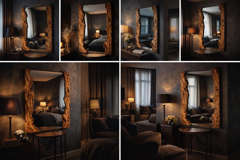 May include: A large rectangular mirror with a natural wood frame. The frame has a rough, organic edge, giving it a rustic appearance. The mirror is displayed in a dimly lit room, reflecting the interior decor. The overall theme is home decor.