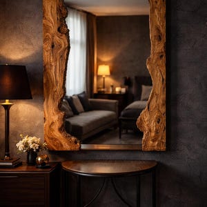 May include: A rectangular mirror with a natural wood frame. The frame has a raw, organic edge, showcasing the wood's texture and colour variations. The mirror hangs on a dark grey wall, reflecting a room with a sofa and lamps.