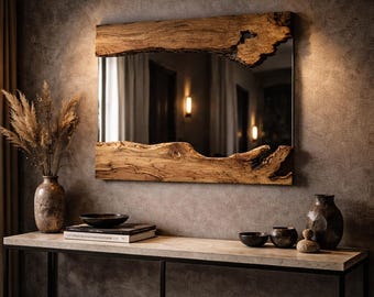 May include: A rectangular mirror with a natural wood frame. The frame has a unique, organic shape with a light brown color. The mirror is mounted on a gray wall above a console table with decorative items.