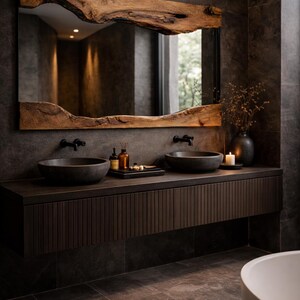 May include: A modern bathroom vanity with a large mirror framed by a natural wood slab. The dark wood vanity features two round sinks, black faucets, and a dark countertop. The walls and floor are dark gray tile.