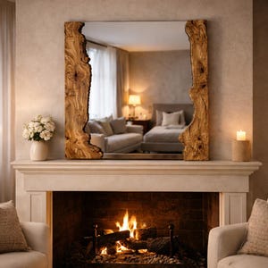 May include: A rectangular mirror with a natural wood frame, featuring a live edge design. The mirror is mounted above a fireplace, reflecting a room with a sofa, bed, and a lit lamp. A vase of white flowers and a lit candle are also on the mantel.