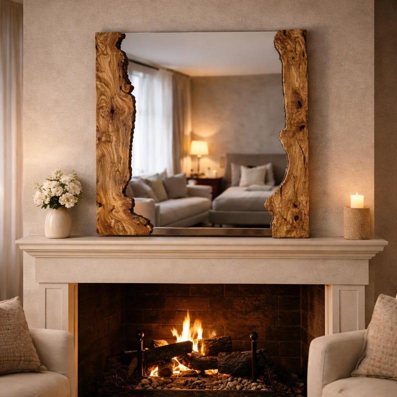 May include: A rectangular mirror with a natural wood frame, featuring a live edge design. The mirror is mounted above a fireplace, reflecting a room with a sofa, bed, and a lit lamp. A vase of white flowers and a lit candle are also on the mantel.