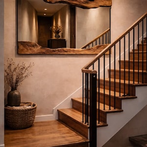 May include: A large rectangular mirror with a natural wood frame hangs on a beige wall. The mirror reflects a hallway and a staircase with wooden steps and black metal railings. A woven basket and vase with dried plants sit below the mirror.