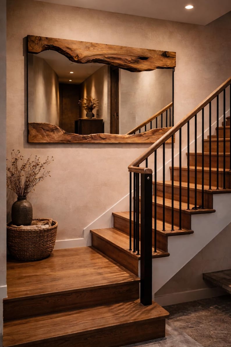May include: A large rectangular mirror with a natural wood frame hangs on a beige wall. The mirror reflects a hallway and a staircase with wooden steps and black metal railings. A woven basket and vase with dried plants sit below the mirror.