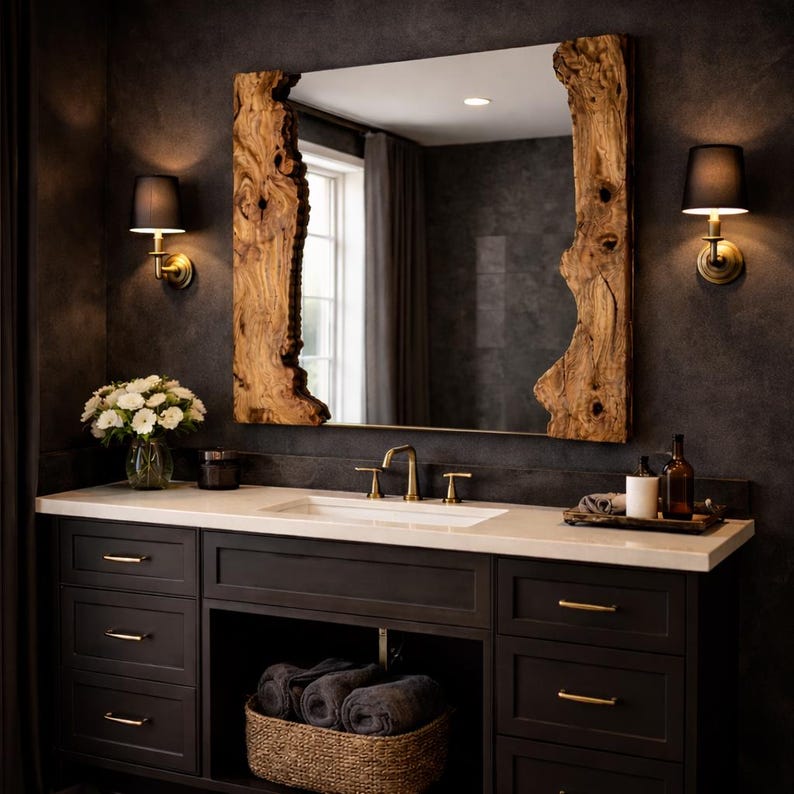 May include: A rectangular mirror with a natural wood frame, set above a dark brown vanity with a white countertop. The bathroom features gold fixtures, black sconces, and a basket of rolled towels.
