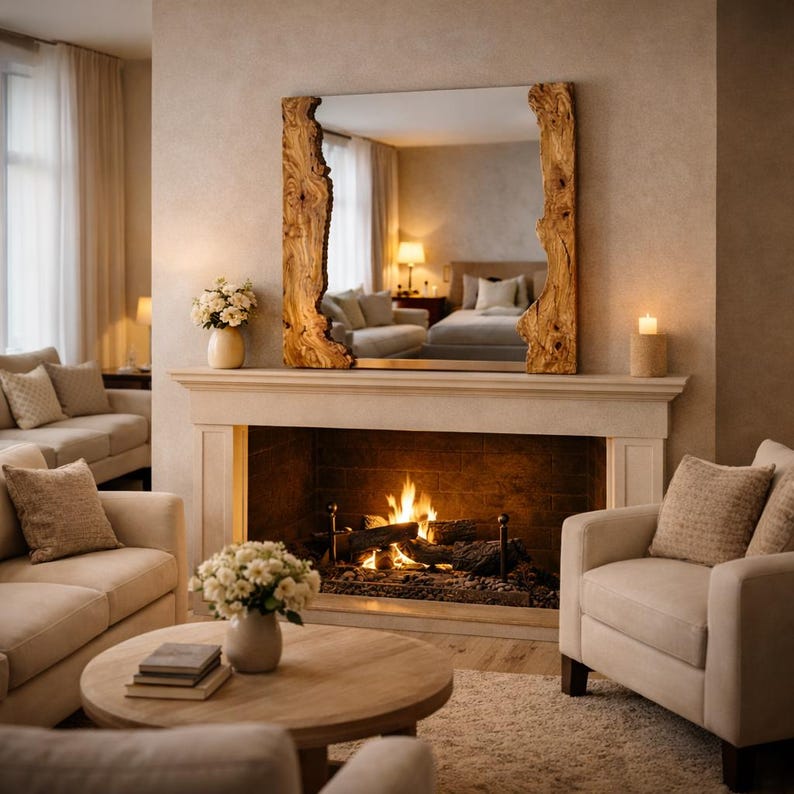 May include: A cosy living room featuring a fireplace with a burning fire, a large mirror with a natural wood frame, and beige furniture. Vases of white flowers adorn the mantelpiece and coffee table. A lit candle sits on the mantelpiece.