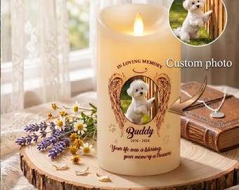 Forever Loved: Custom Pet Name and Pet Memorial Photo Flameless Candles - Angel Dog Design, Tribute to Your Best Friend