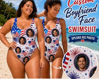 Custom Face Swimsuit, Personalized Boyfriend Photo One Piece, 4th of July American Flag Bathing Suit, Funny Gift for Her