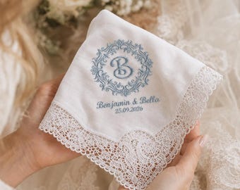 Personalized Wedding Handkerchief for Bride, Monogrammed Lace Bridal Hanky, Custom Embroidered Something Blue Wedding Gift