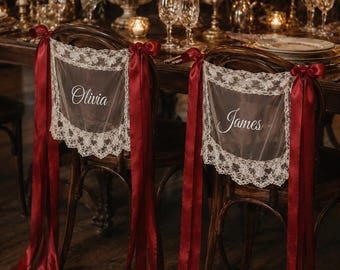 Personalized Lace Wedding Chair Signs, Bride Groom Banners, Custom Names Chair Decor