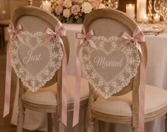 Personalized Wedding Chair Signs Set of 2, Heart Lace Bride Groom Chair Banners, Custom Name Chair Back Decor, Ivory Ribbon Wedding Decor