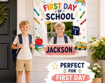 Custom First Day of School Banner with Photo, Personalized Name Back to School Sign, Kids Wall Tapestry, Classroom Decor Photo Backdrop