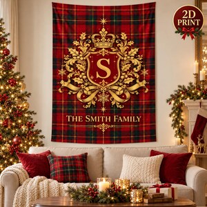 Personalized Christmas Family Crest Tapestry, Custom Plaid Wall Hanging, Monogram Initial Holiday Decor, Tartan Christmas Backdrop Gift