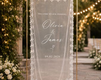 Custom Lace Wedding Welcome Sign, Personalized Sheer Organza Backdrop, Names Date Reception Ceremony Decor, Lace Edge Banner