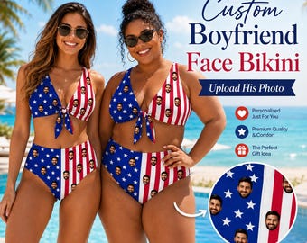 Personalized Face American Flag Bikini, Custom Photo Swimsuit, 4th of July Outfits, Patriotic High Waisted Swimwear, Funny Gift for Him