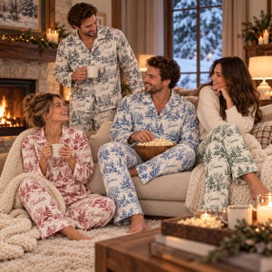 May include: Three sets of long-sleeved button-down pajamas featuring a winter forest toile pattern. One set is red, one is blue, and one is green. Each set is personalized with the names Noah, James, Charlotte, and Emma printed on the fabric.