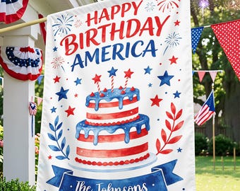 Personalized 4th of July Garden Flag Custom Family Name House Flag, Happy Birthday America 250th Patriotic Cake Decor, 12x18 28x40 Banner
