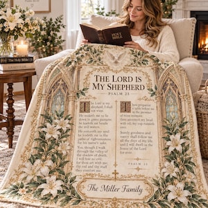 May include: A cream-colored throw blanket featuring the text The Lord is My Shepherd Psalm 23, a central dove illustration, and ornate architectural archways framed by white lily floral arrangements, with the text The Miller Family at the bottom.
