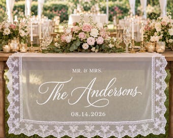 Custom Wedding Table Banner, Custom Lace Sweetheart Table Sign, Sheer or Opaque Wedding Welcome Banner
