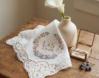 Custom Monogram Wedding Handkerchief, Lace Trim Bridal Gift, Floral Wreath Bride Keepsake