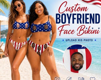 Personalized American Flag Bikini, Custom Boyfriend Face Swimsuit, Patriotic 4th of July Swimwear, Custom Photo Bikini for Women