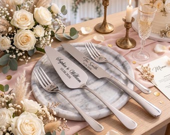 Personalized Wedding Cake Knife and Server Set, Custom Engraved Gold Cake Cutter with Forks, Pearl Rustic Anniversary Gift for Couples