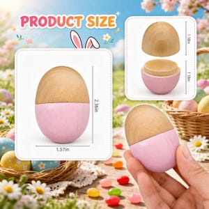 May include: Wooden Easter egg with a pink base and a natural wood top. The egg is 2.36 inches tall and 1.57 inches wide. The top can be removed to reveal a hollow interior. The image includes the text "PRODUCT SIZE".
