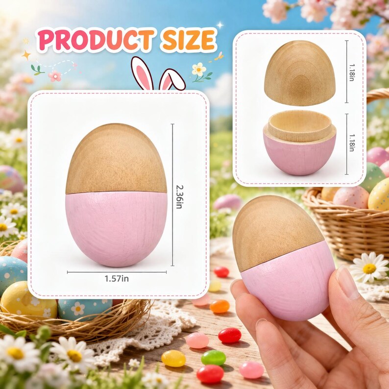 May include: Wooden Easter egg with a pink base and a natural wood top. The egg is 2.36 inches tall and 1.57 inches wide. The top can be removed to reveal a hollow interior. The image includes the text "PRODUCT SIZE".