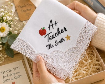 Personalized Teacher Gift Handkerchief, Custom Embroidered Lace Hanky, Teacher Appreciation Gift, Back to School Gift