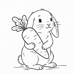 May include: A black and white illustration of a cute bunny rabbit holding a large carrot. The rabbit has long ears, a small nose, and a smiling expression. The carrot has green leaves.