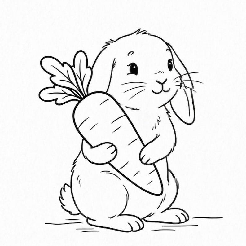 May include: A black and white illustration of a cute bunny rabbit holding a large carrot. The rabbit has long ears, a small nose, and a smiling expression. The carrot has green leaves.