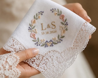Personalized Wedding Handkerchief, Custom Monogram Lace Hanky, Embroidered Bride Gift, Floral Wreath Keepsake, Happy Tears
