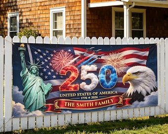 Custom USA 250th Anniversary Door Banner, Personalized Family Name Patriotic Welcome Sign, 4th of July Outdoor Decor, Stars and Stripes Bow