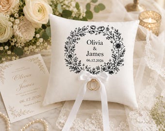 Personalized Ring Bearer Pillow, Custom Wedding Ring Holder, Blue Floral Ring Cushion, Names Date Bridal Ceremony Keepsake