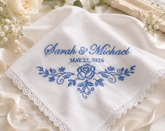 Something Blue Wedding Handkerchief for Bride, Personalized Embroidered Lace Hankie, Custom Bride Gift, Tears of Joy Wedding Keepsake