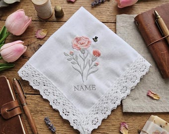 Custom Birth Month Flower Handkerchief, Personalized Name Embroidery, 12 Months Flowers Available