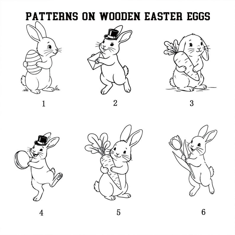 May include: Black and white line art illustrations of Easter bunnies with various accessories. The bunnies are holding an Easter egg, a letter, a carrot, a tambourine, a carrot with greens, and a tulip. Text at the top reads "PATTERNS ON WOODEN EASTER EGGS."