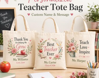 Personalized Teacher Tote Bag, Custom Teacher Appreciation Gift, Thank You For Helping Me Grow Canvas Bag