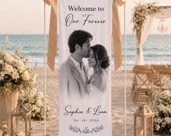 Custom Black & White Photo Wedding Welcome Sign, Personalized Bridal Portrait Fabric Banner, Reception Ceremony Backdrop Decor