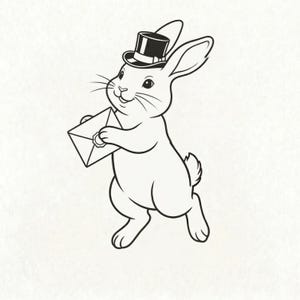 May include: A black and white illustration of a rabbit wearing a top hat and holding an envelope. The rabbit is depicted in a cartoon style, with a friendly expression and upright posture. The envelope is sealed.