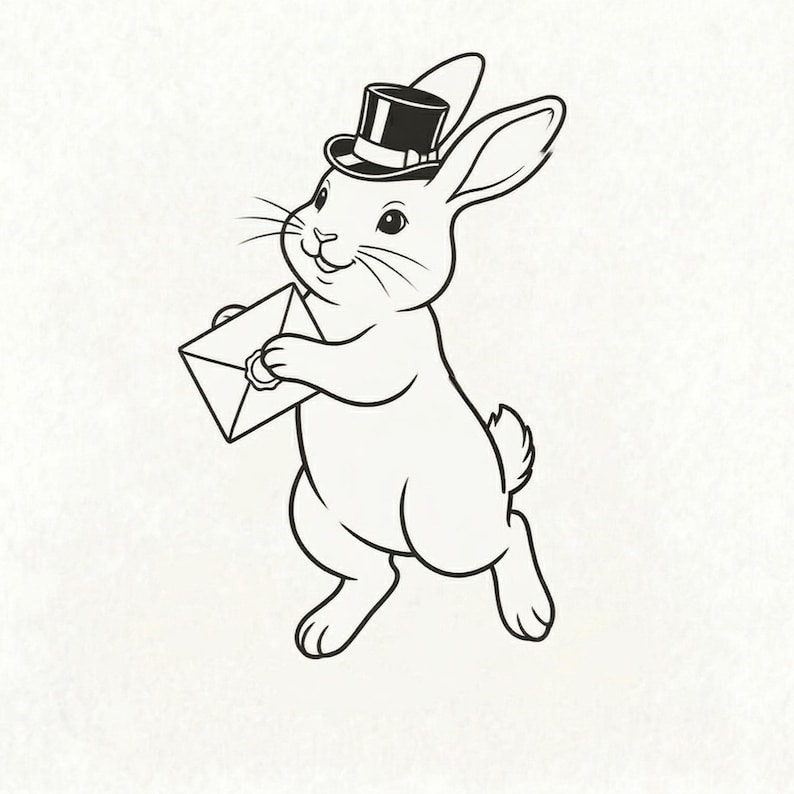 May include: A black and white illustration of a rabbit wearing a top hat and holding an envelope. The rabbit is depicted in a cartoon style, with a friendly expression and upright posture. The envelope is sealed.