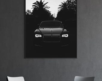 Rolls Royce bajo palmeras: póster digital de coche negro de lujo, arte mural imprimible, decoración de garaje de ensueño, regalo moderno para hombre, impresión para oficina