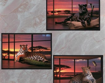Póster de tres animales de safari: pantera, leopardo y tigre, arte mural de la jungla, decoración de safari imprimible digitalmente para sala de estar u oficina.